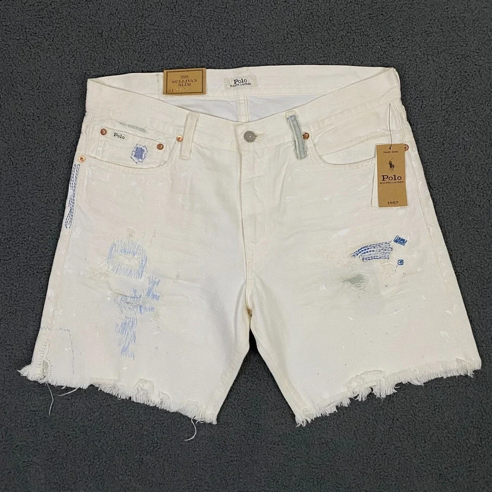 Polo Ralph Lauren Jean Shorts Mens 34 Sullivan Slim Denim Cut Off White 7.5
